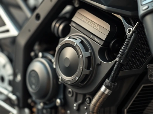 Close-up of a motorcycle engine with a subtle metallic knocking sound effect, highlighting the internal mechanism, with diagnostic tools visible.