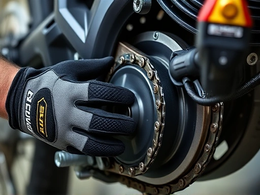 A close-up shot of hands wearing work gloves, skillfully performing a basic motorcycle maintenance task like adjusting a chain or checking a fluid level, highlighting the practical aspect of the project.