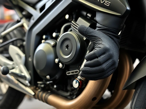 A detailed shot of a motorcycle engine undergoing maintenance, with tools laid out neatly, a mechanic's gloved hand visible, emphasizing cleanliness and precision. Focus on the engine's intricate parts to show proper engine life extension.