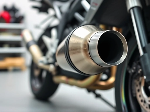 A detailed image showing a motorcycle's exhaust system, focusing on the muffler and pipes, with a slight blur in the background to emphasize the noise reduction aspect. The scene is in a clean workshop.