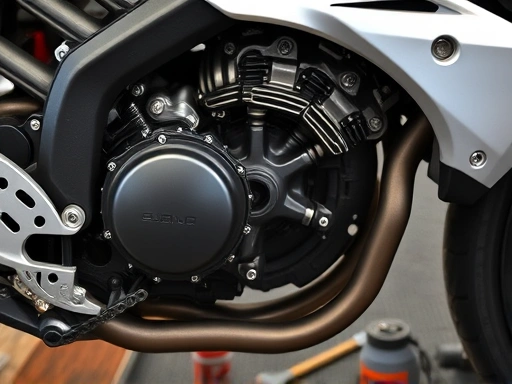 A close-up of a motorcycle engine's internal components, such as valves or timing chain, with tools around, suggesting maintenance and repair for noise reduction. Focus on mechanical detail.