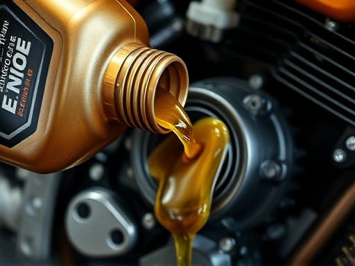 A close-up of a high-quality engine oil bottle being poured into a motorcycle engine, with a clear focus on the oil's texture and the precise pouring action, suggesting essential motorcycle engine maintenance.