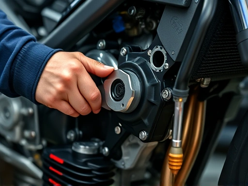 A close-up shot of a motorcycle mechanic's hands carefully adjusting a specific engine component with a wrench, focusing on precision and intricate details, highlighting the hands-on aspect of the job.