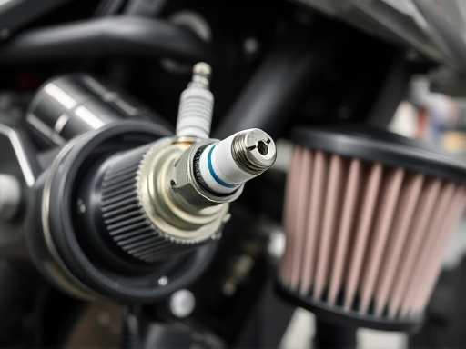 Detailed view of a motorcycle spark plug and air filter, emphasizing maintenance and replacement for engine health, with a clean and well-lit workshop background.
