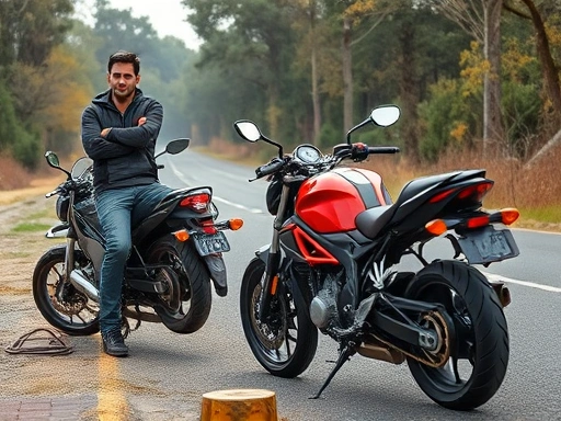 A motorcyclist looking puzzled next to their motorcycle on the side of a road, with the engine off, illustrating troubleshooting a stalled engine.