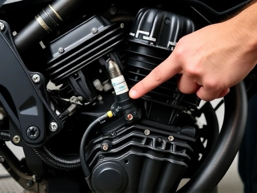 A detailed shot of a motorcycle engine bay, with a mechanic's hand pointing to a spark plug or fuel line, depicting the act of diagnosing a stalling issue, professional and technical.