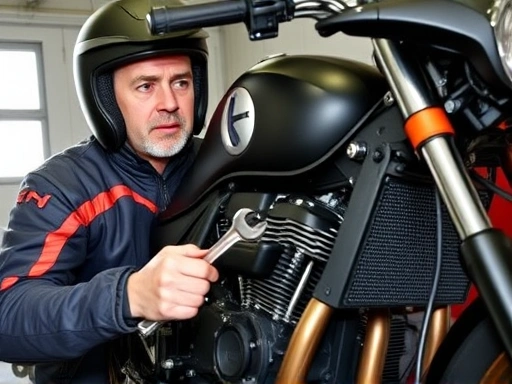 A motorcyclist looking concerned at their motorcycle's engine, with a wrench in hand, representing troubleshooting. The bike is parked in a garage. Focus on the engine bay and rider's expression, showing a problem with motorcycle RPM instability.