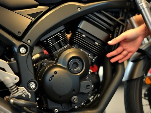 A detailed shot of a motorcycle engine in a garage, with subtle vibrations blurred around it, implying internal issues. Include mechanics tools and a hand for a professional feel, focusing on engine components. Use warm lighting.