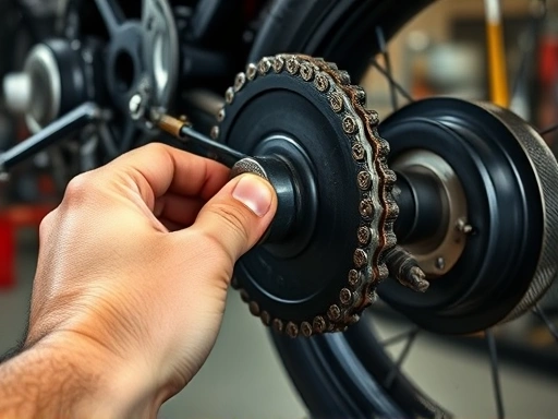 Close-up of a motorcycle mechanic's hand inspecting a worn motorcycle chain and sprocket, highlighting the specific details of potential vibration causes. The background is a blurred workshop setting, with tools in hand for precise inspection.