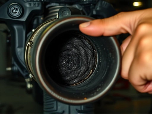 A close-up shot of a motorcycle exhaust pipe showing heavy carbon buildup inside, with a mechanic's hand pointing at the clog, in a dimly lit garage. Focus on the internal blockage and the exhaust pipe's texture.