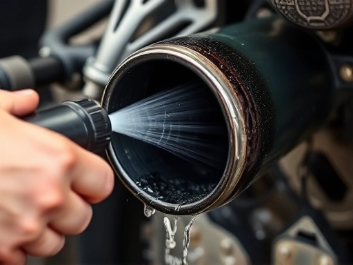 A detailed shot of a person using a high-pressure water hose to clean the inside of a motorcycle exhaust pipe, with water and loosened carbon debris flowing out. Emphasize the cleaning process and the stream of water.