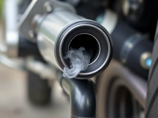 A close-up shot of a motorcycle exhaust pipe connection point, with a small wisp of smoke or steam indicating a leak, focusing on the potential for exhaust backfire. Include keywords: motorcycle exhaust, pipe leak, backfire, muffler.