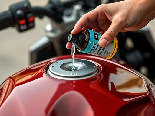 A detailed, close-up shot of a hand pouring a small bottle of motorcycle fuel additive into a motorcycle fuel tank, with a clear focus on the process and the additive product, subtly showing parts of the motorcycle in the background. Emphasize the action and the additive bottle.