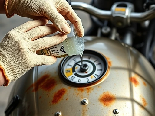 A detailed image of a person carefully pouring a rust removal solution into a motorcycle fuel tank, with safety gloves and glasses. The tank shows signs of internal rust.