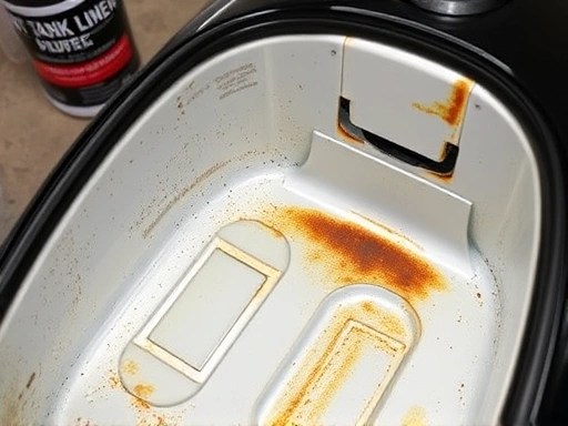 Close-up shot of a cleaned and coated motorcycle fuel tank interior, showing a smooth, rust-free surface. A bottle of tank liner product is visible in the background.