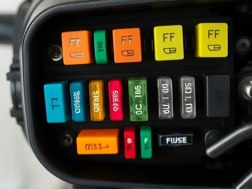A detailed top-down view of a motorcycle fuse box with various colored blade fuses, highlighting one fuse being extracted with a fuse puller, showing an electric issue.