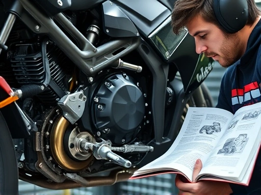 Motorcycle mechanic inspecting a detailed motorcycle engine and gear system, focusing on intricate parts and tools, clear lighting, technical manual open nearby.