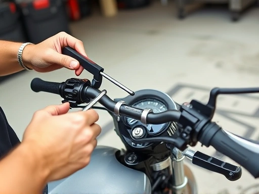 A person adjusting a motorcycle handlebar with tools, showing a close-up of the handlebar and risers, outdoor garage setting, focused, clear.