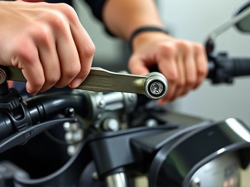 Close-up of a mechanic's hands using a torque wrench to tighten a motorcycle handlebar clamp, detailed, safety focus.