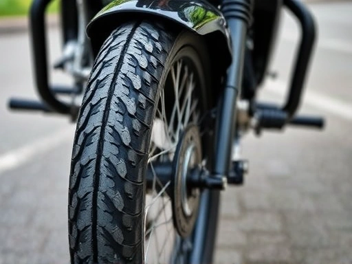 A close-up shot of a motorcycle's front wheel and tire, highlighting potential issues like uneven tire wear or a bent rim, with clear details of the tire tread and wheel spokes, incorporating keywords like motorcycle, wheel, tire wear, bent rim, vibration cause.