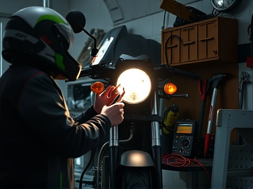 A motorcyclist troubleshooting their motorcycle's headlight in a garage, using a multimeter, tools scattered around, a focused and practical scene with an illuminated work light. 