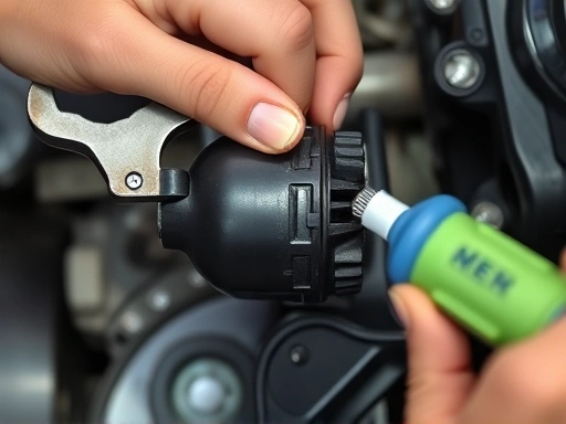 A close-up shot of a motorcycle horn being replaced with common tools like a wrench and screwdriver, showing the electrical connections and horn bracket clearly. The scene should be well-lit and focus on the hands performing the replacement. motorcycle horn replacement, DIY, tools, electrical connection.