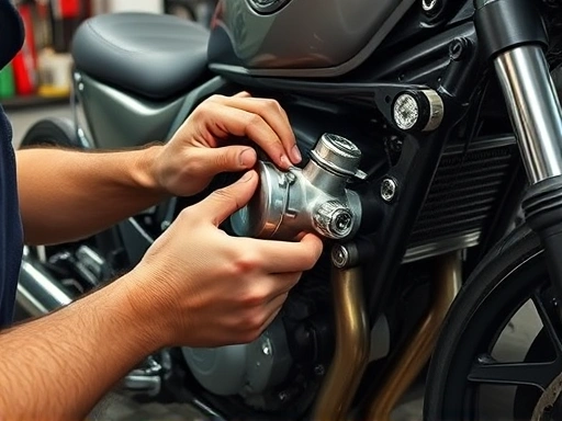 A detailed close-up of a mechanic's hands adjusting the carburetor of a motorcycle engine, surrounded by various tools, with a focus on problem-solving in a garage setting, emphasizing expertise and precision.