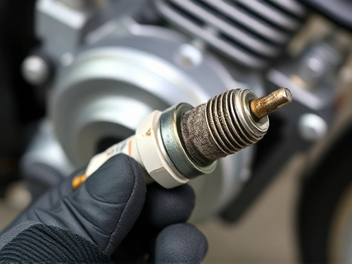 A close-up shot of a used spark plug being examined, showing clear signs of carbon buildup and wear, held in a gloved hand against a blurred motorcycle engine background, highlighting the need for inspection.