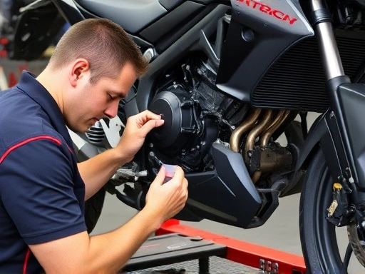 A professional mechanic meticulously inspecting a used motorcycle's chassis and exterior with a detailed checklist, ensuring safety and reliability for future owner.