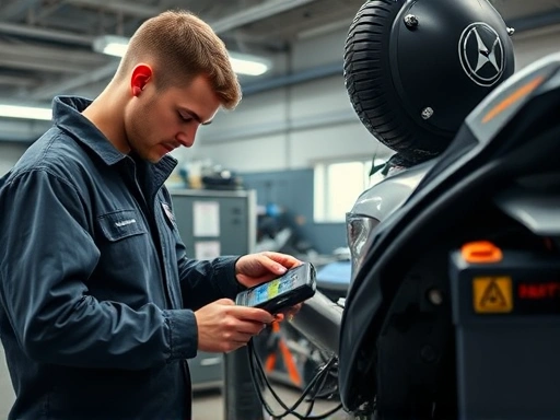 A professional technician uses diagnostic tools to fix a motorcycle's immobilizer system in a clean, well-lit workshop, emphasizing expertise and modern equipment with relevant SEO keywords.