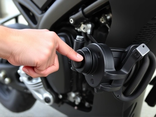 A detailed, clear image of a motorcycle kickstarter lever and the engine area, with a person's hand pointing to the kickstarter shaft, emphasizing kickstarter malfunction diagnosis and repair. Focus on the motorcycle's engine and kickstart mechanism.
