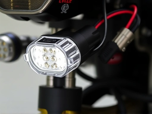 A detailed image of a motorcycle's wiring harness, focusing on neatly connected LED auxiliary lights with waterproof connectors, demonstrating careful installation.