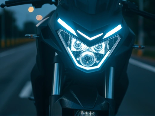 A close-up shot of a modern motorcycle's sleek, bright LED headlight illuminating a dark road, showing enhanced visibility and a futuristic design.