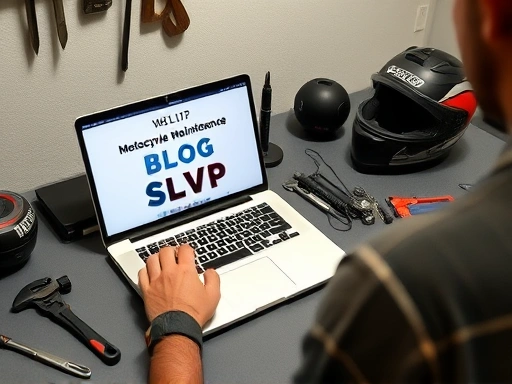 A person setting up a motorcycle maintenance blog on a laptop, with various motorcycle tools and a helmet on a desk, illustrating the initial setup phase.