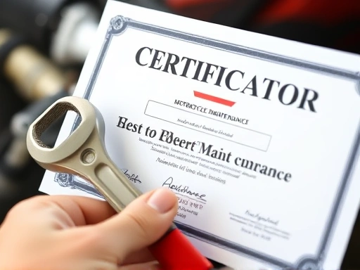 Close-up shot of a certification document for motorcycle maintenance, with a blurred background showing a hand holding a wrench, symbolizing expertise and authorized skills.