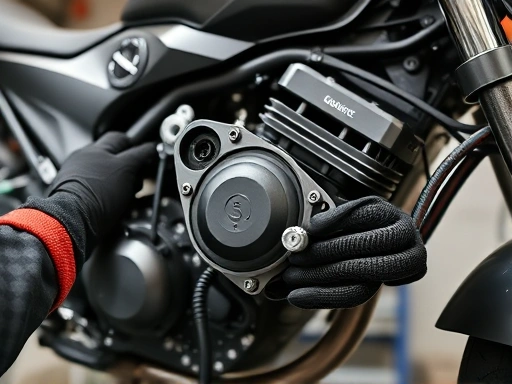 A detailed, top-down shot of a motorcycle engine being inspected by a mechanic's gloved hands, showing various components like wires and bolts, with a focused and clean workshop environment in the background. Keywords: motorcycle inspection, engine maintenance, mechanic hands, workshop.