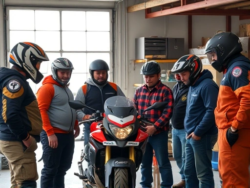 A diverse group of motorcyclists of various ages and backgrounds gathered around a motorcycle, sharing tools and knowledge in a well-lit garage, representing community collaboration and learning, wide shot.