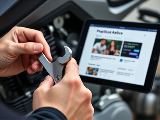 Close-up shot of hands holding a wrench and pointing at a motorcycle engine part, with a tablet displaying a forum page in the background, symbolizing practical application of online community advice, focused on detail.