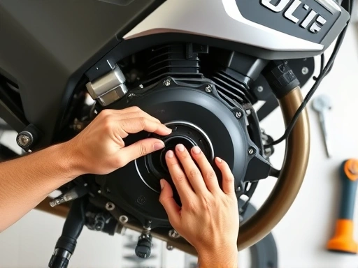 A detailed top-down view of a modern motorcycle engine with hands performing a simple maintenance task like checking oil, highlighting practical cost-saving through DIY, bright and clean workshop setting with essential tools, focused on clarity and professionalism, motor-maintenance-cost-saving.
