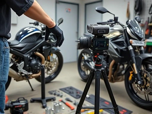 A person setting up an action camera on a tripod next to a motorcycle engine, with various tools laid out neatly in a garage. The scene emphasizes clear lighting and organization, capturing the essence of detailed maintenance filming.