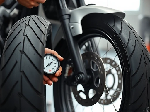 A detailed, well-lit image of a person checking motorcycle tire pressure with a gauge, showing focused attention and a well-maintained motorcycle tire in a garage setting.