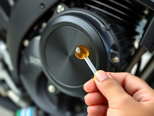 Close-up view of a motorcycle engine, with a hand holding a dipstick to check the engine oil level, emphasizing the oil's color and consistency on the dipstick against a clean background.