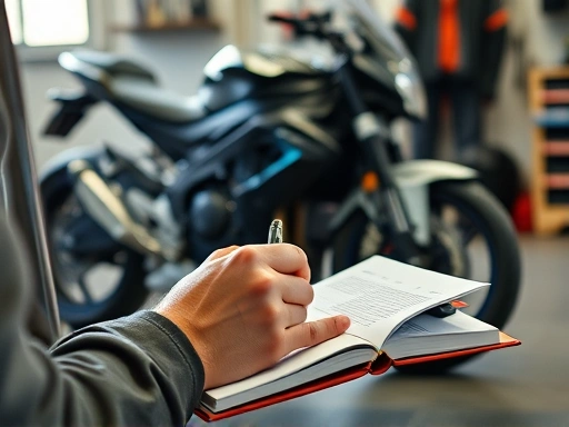 A person meticulously writing in a motorcycle maintenance logbook, with a motorcycle in the background in a clean garage, focus on hands and logbook, detailed, realistic, informational, workshop tools.