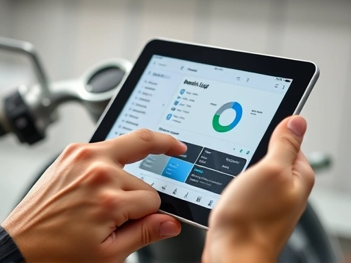 Close-up shot of a hand using a digital tablet with a motorcycle maintenance app interface open, displaying organized logs and a clear dashboard, a wrench tool subtly in the blurred background, modern, clean.