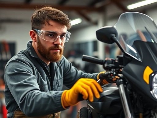 A person safely performing motorcycle maintenance in a well-lit garage, wearing complete safety gear including clear safety goggles, durable work gloves, and a clean overall. The scene should convey expertise and attention to detail, with tools neatly organized.