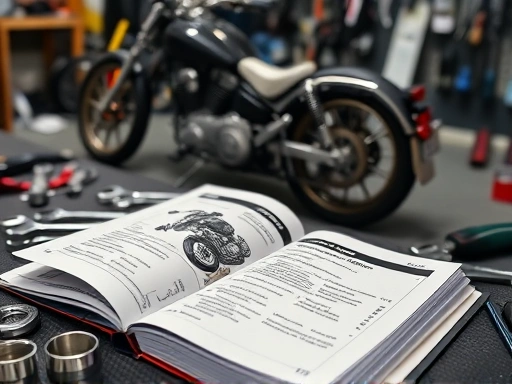 A detailed shot of a motorcycle service manual open on a workbench, surrounded by various tools like wrenches and screwdrivers, with a neatly organized repair space in the background, emphasizing preparation and planning.
