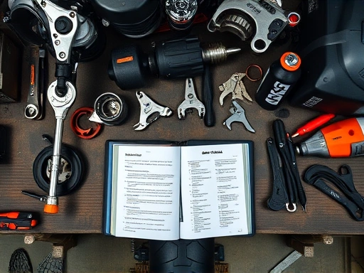 A detailed top-down shot of a motorcycle maintenance workshop, with various tools neatly organized on a workbench, showcasing an open service manual, emphasizing expertise and experience in motorcycle repair and technical skills.