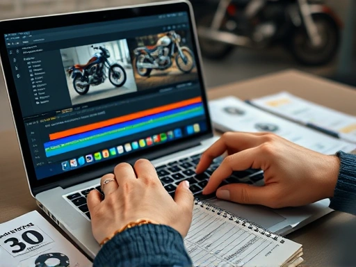 A close-up shot of hands using video editing software on a laptop, with a motorcycle repair manual and a notebook for recording data next to it. The focus is on the screen and the meticulous documentation process.