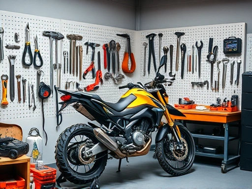 An organized motorcycle maintenance workshop with tools neatly arranged on pegboards and a clean workbench, emphasizing efficiency and preparation.