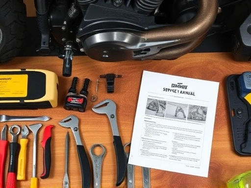 A detailed top-down shot of a well-organized workbench with various motorcycle maintenance tools, a service manual, and safety goggles, emphasizing precision and preparedness. Include a clean motorcycle engine part in the background.